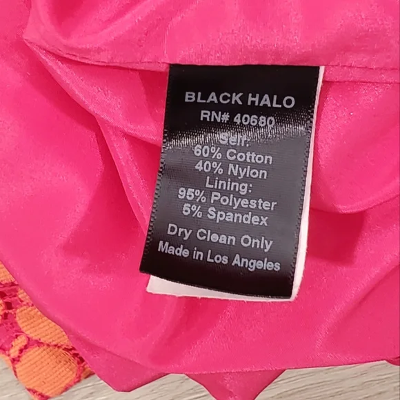 Black Halo Jackie-O Cotton Blend Raschel Lace Orange Pink Pencil Midi Dress Sz 2